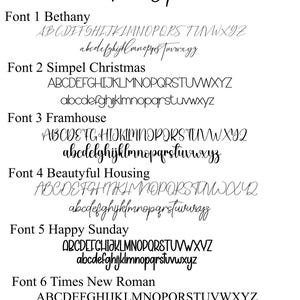 May include: A white graphic displays six font options for text. Each font is shown with the uppercase and lowercase alphabet. The fonts are labeled: Bethany, Simpel Christmas, Framhouse, Beautyful Housing, Happy Sunday, and Times New Roman.