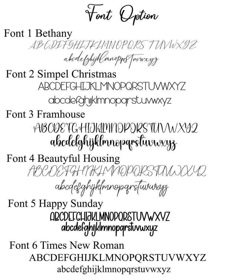 May include: A white graphic displays six font options for text. Each font is shown with the uppercase and lowercase alphabet. The fonts are labeled: Bethany, Simpel Christmas, Framhouse, Beautyful Housing, Happy Sunday, and Times New Roman.