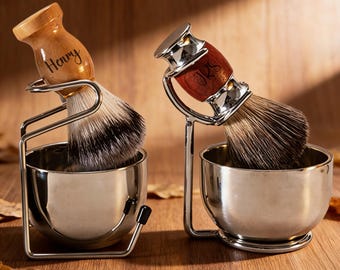 Personalized Men's Shaving Set Stainless Steel Brush Stand, Custom Shaving Brush Beard Brush, Grooming Gift for Him Dad Groomsmen Husband