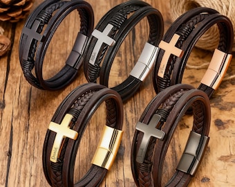 Engraved Cross Leather Bracelet for Men, Custom Stainless Steel Cross Bracelet, Men's Leather Bracelet, Custom Religious Gift for Him