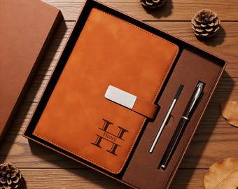 Custom Leather Journal Set with Pen, Engraved Notebook Gift for Men, Vintage Refillable Diary, Graduation Gifts, Executive Office Gift
