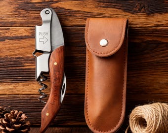 Wood Handle Bottle Opener with Holster, Personalized Corkscrew Engraved Wine Opener, Gift for Father, Husband, Grandpa, New Home Gift