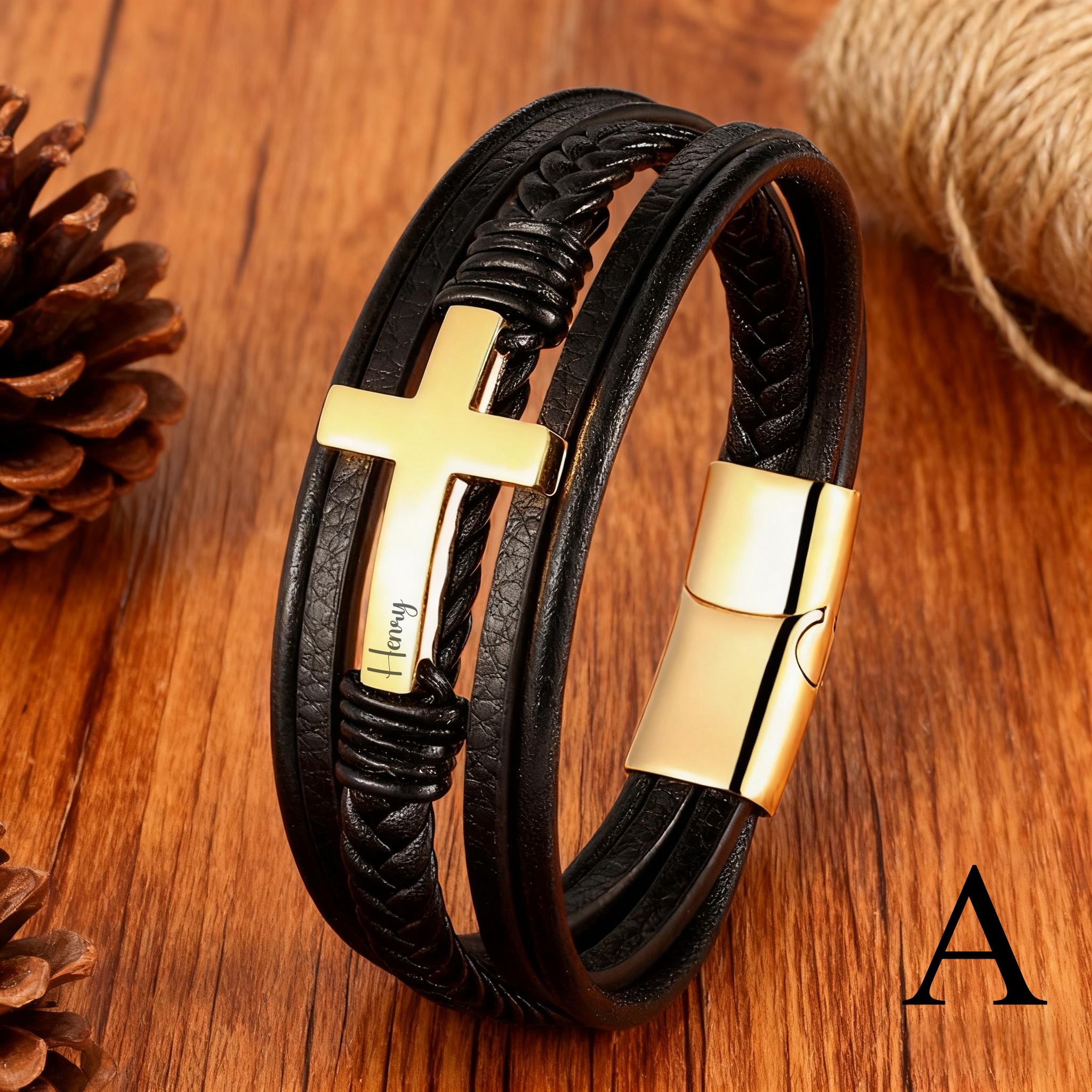 Engraved Cross Leather Bracelet for Men, Custom Stainless Steel