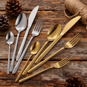 Peut inclure: Un assortiment de couverts en acier inoxydable et dorés, comprenant des cuillères, des fourchettes et des couteaux, disposés sur une surface en bois. Les couverts ont un design élégant et moderne, avec le nom "Daniel" gravé sur certains.