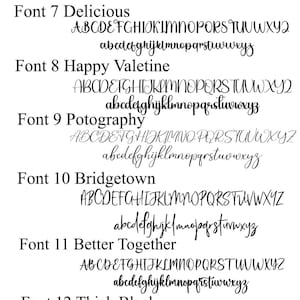 May include: A white background displays a selection of font options. The text "Font Option" is at the top. Six font styles are shown, each with uppercase and lowercase alphabets. Font names include Delicious, Happy Valentine, and Thick Black.