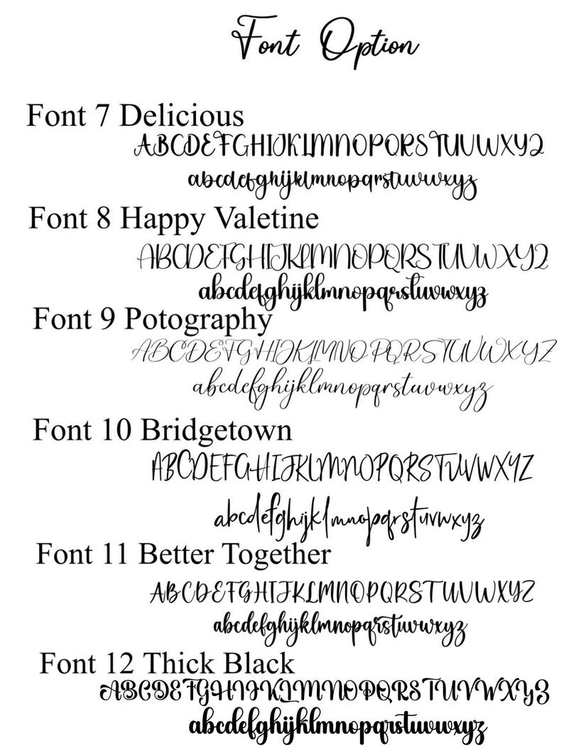 May include: A white background displays a selection of font options. The text "Font Option" is at the top. Six font styles are shown, each with uppercase and lowercase alphabets. Font names include Delicious, Happy Valentine, and Thick Black.