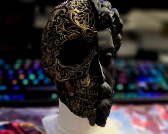 Marcus Aurelius Split Skull Bust, Black Gold Memento Mori Sculpture, Gothic Desk Decor