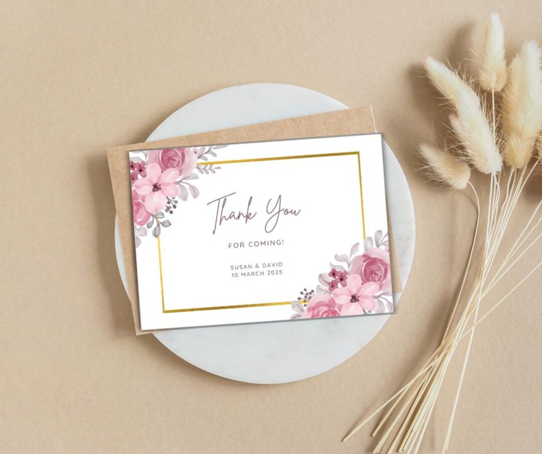 Elegant Floral Wedding Thank You Card, White Pink Design, Personalized ...