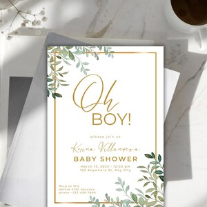 Invitación de baby shower dorada y verde: personalizable, elegante, imprimible digitalmente, regalo perfecto para baby shower, imprescindible para baby shower