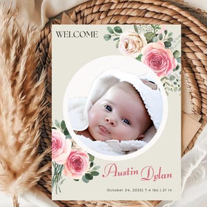 Tarjeta de anuncio de nacimiento de acuarela floral, lindo anuncio de nuevo bebé, regalo perfecto de baby shower, tarjeta de bebé personalizable