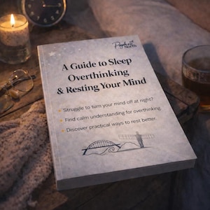 May include: A book titled "A Guide to Sleep Overthinking & Resting Your Mind" with text about managing thoughts for better rest. The book is on a wooden surface with a lit candle, an alarm clock, and a glass of liquid.