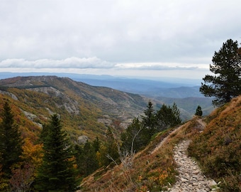 May include: A winding path through a mountainous landscape with a view of a valley. The path is lined with trees and bushes, and the valley is covered in a mix of green and brown foliage. The sky is cloudy and the air is crisp.