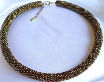 Crocheted Bronze Chameleon Bead Necklace, Elegant Statement Jewelry