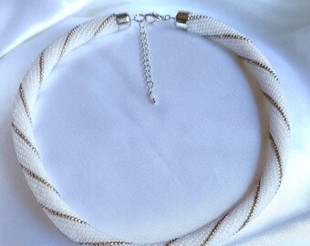 White Crochet Necklace, Czech & Silver Japanese Beads, Handmade Jewelry
