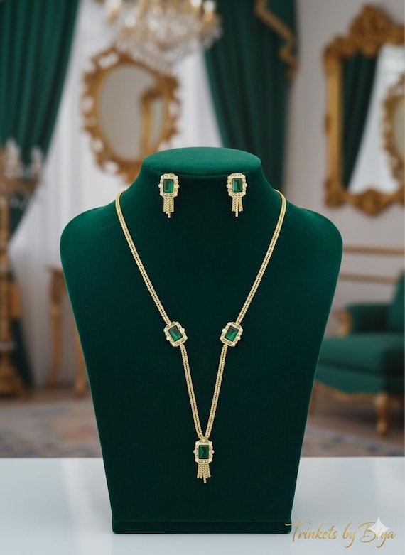 Pakistani Emerald Gold Jewelry Set | Indian Wedding Necklace Earrings Ring | Mehndi Jewelry