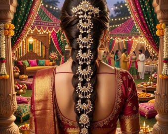 May include: A woman's dark braided hair adorned with a gold and pearl hairpiece. She wears a red and gold embroidered sari. The background shows a festive outdoor event with colorful decorations and lights.