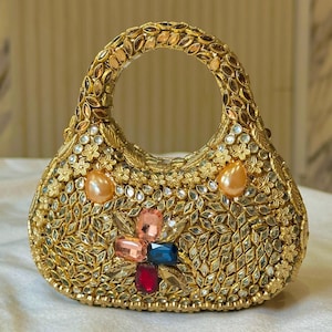 Multicolor Rhinestone Clutch Bag, Gold Crystal Evening Purse, Desi Wedding Bridal Handbag/