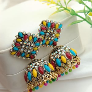 Bollywood Jhumka Earrings: Meena Design, Indian Pakistani Wedding Jewelry