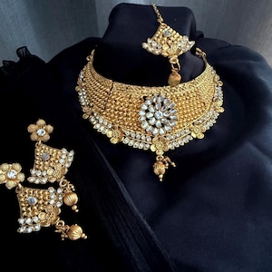 Gold Plated Bridal Choker Necklace Set with Earrings & Maang Tikka | Kundan Style Indian Wedding Jewelry | Traditional Desi Jewelry