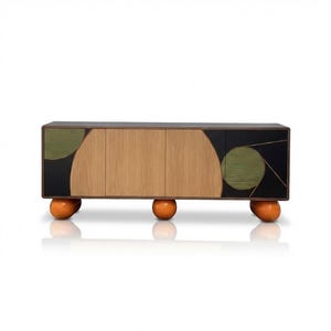 Handcrafted Mid-Century Modern-style Sideboard | Geometric Design | Coloured Four-Door Buffet