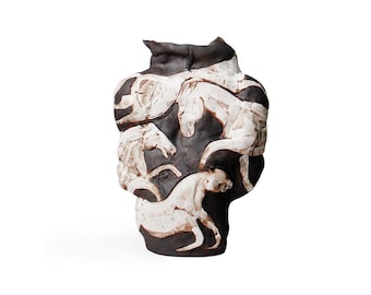 Black & White Ceramic Vase: Ancient Greek Style Horses Motif