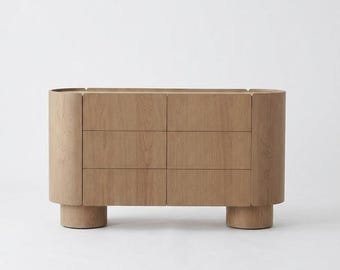 Solid Oak Curved Dresser | Mid-Century Modern Scandinavian 6-Drawer Chest