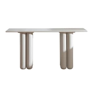 以下が含まれることがあります： 長方形の天板と、両側に3つの円筒形の脚が付いたモダンな白いコンソールテーブル。 テーブルの長さは約152cmで、玄関やリビングルームに適しています。