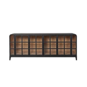 May include: A long, black cabinet with glass doors and a wooden interior. The cabinet has a rectangular shape with rounded corners and a grid pattern on the glass doors. The cabinet is designed for storage.