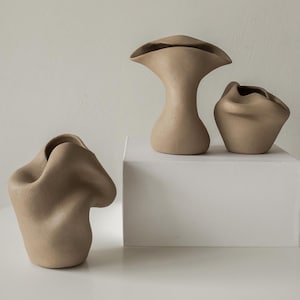 May include: Three beige ceramic vases with organic, flowing shapes. The vases vary in size and design, with one tall vase and two smaller, uniquely shaped vessels. The neutral color and textured surface give them a modern, minimalist aesthetic, suitable for home decor.