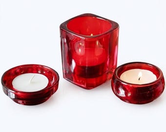 Solid Colored Glass Candle Holder Set | Crimson Red, Fuschia Purple, Aquamarine, Clear