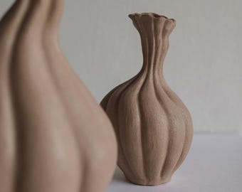 Asymmetrical Earthen Vase in Natural Clay style - Rustic Brown Handmade Style Ornament - Two Options