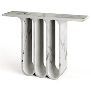 May include: A white marble console table with a rectangular top and three arched supports. The table has a polished finish and a natural veining pattern in shades of gray and black. The design is modern and minimalist.