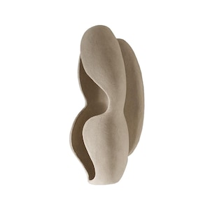 Può includere: Una scultura astratta beige con una forma curva e organica. La scultura ha un interno scavato e un esterno liscio e strutturato. Il design presenta una serie di forme arrotondate che creano un senso di movimento e flusso. L'opera d'arte è ambientata su uno sfondo bianco.