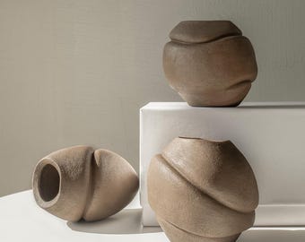 Brown Clay-look Earthen Vase | Brown Sculptural Ornament | 3 Assorted Shapes : Round, Oval, Barrel Options
