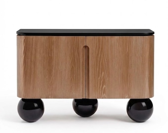 Handcrafted Solid Oak Modern Sideboard – Black Ball Legs, Custom Color and size, made to order for unique modern style home