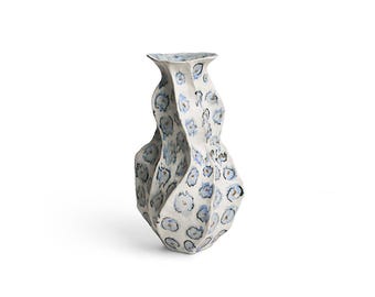 Sculptural Wavy Ceramic Vase: Blue Floral Pattern, Modern Art