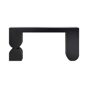 Puede incluir: Una consola negra moderna con un diseño minimalista. La mesa presenta una parte superior rectangular sostenida por dos patas geométricas. Una pata es un rectángulo redondeado sólido, y la otra es un diseño semicircular apilado.