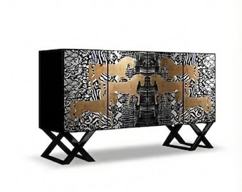 Black & Gold Oak Sideboard with Horse Art | Modern Animal Print Buffet Cabinet | Luxury Dining Room Console | Custom-made Sideboard