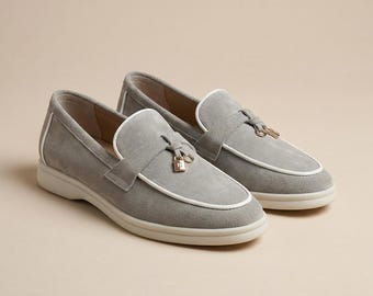 Mocasines de ante para mujer, zapatos grises sin cordones, planos minimalistas de cuero, cómodos para el día a día.