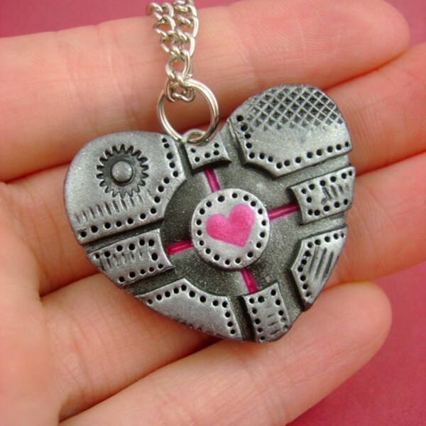 Cube Love - Flat Heart Shaped Companion Cube - Polymer Clay Portal Geekery - Pendant / Necklace