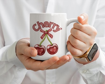 cherry mug, home decor mug, artistic coffee mug, tea lover gift, gift for birthday, morning coffee mug, gift for her, coquette cherry mug.