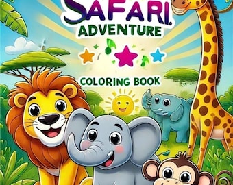 以下が含まれることがあります： ジャングルを背景に、キリン、ライオン、ゾウ、サルがカラフルに描かれた塗り絵本の表紙。本のタイトルは「サファリアドベンチャー塗り絵」です。