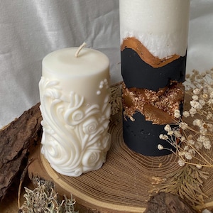 Decorative concrete candle with soy pillar candle set of 2, Black gold unique pillar candle, Modern gift candles for home
