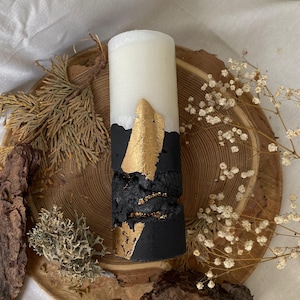 Decorative luxury concrete candle for home, Black gold unique pillar candle, Modern gift candles for her and for him