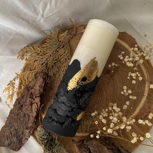 Decorative luxury concrete candle for home, Black gold unique pillar candle, Modern gift candles for her and for him