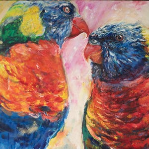 Regenbogen Lorikeet Liebe Malerei, Bunter Papagei Wand Kunst, Original Öl Vogel Kunstwerk, Tropischer Dschungel, Dekor für Haus und Büro
