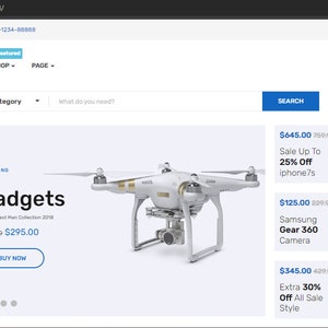 May include: A white drone with four propellers is displayed on a website for a shop called Yozi Shop. The drone is in the center of the image and is surrounded by other products, including a smartphone, headphones, a security camera, and a robot. The website also features a search bar, a shopping cart icon, and a heart icon. The text "Gadgets" is displayed above the drone.
