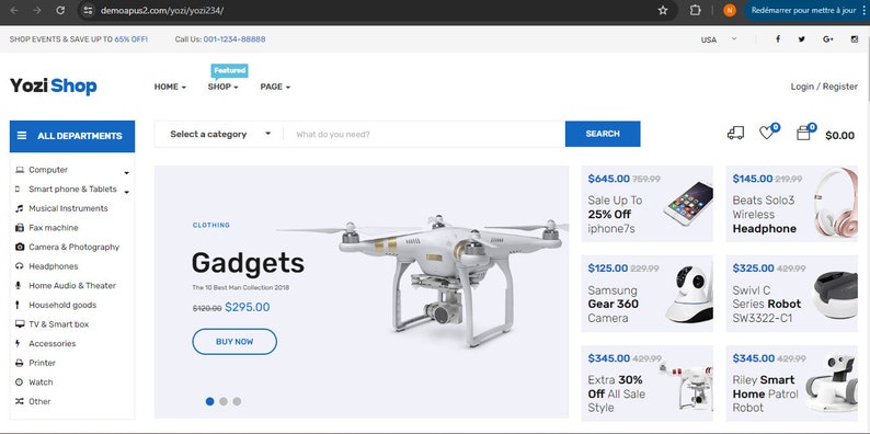 May include: A white drone with four propellers is displayed on a website for a shop called Yozi Shop. The drone is in the center of the image and is surrounded by other products, including a smartphone, headphones, a security camera, and a robot. The website also features a search bar, a shopping cart icon, and a heart icon. The text "Gadgets" is displayed above the drone.