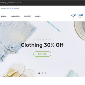May include: A website homepage for a clothing store called Yozi Shop. The homepage features a white background with a variety of clothing items, including a pair of denim shorts, a straw hat, sunglasses, and sandals. The text "Clothing 30% Off" is displayed in large, bold letters, and a button that says "Shop Now" is located below the text.