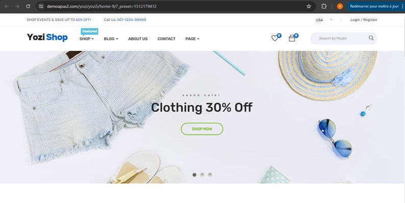 May include: A website homepage for a clothing store called Yozi Shop. The homepage features a white background with a variety of clothing items, including a pair of denim shorts, a straw hat, sunglasses, and sandals. The text "Clothing 30% Off" is displayed in large, bold letters, and a button that says "Shop Now" is located below the text.